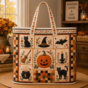 May include: A quilted tote bag featuring a patchwork design with Halloween motifs including a jack-o'-lantern, black cats, a witch's hat, a broom, a bat, a candle, and a cauldron. The bag has cream, orange, and black fabric panels.