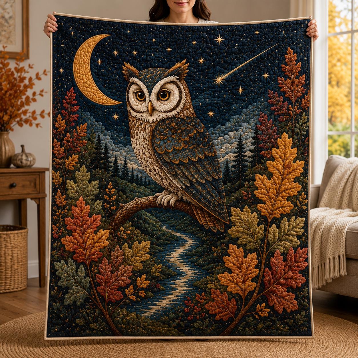 Owl Quilted Blanket, Night Owl Quilt, Moonlight Forest Throw, Woodland Animal Blanket, Cozy Rustic B