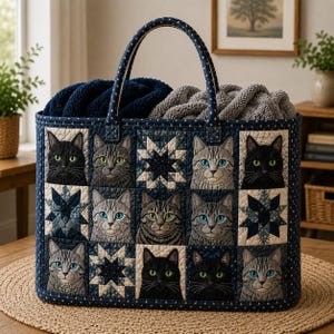 May include: A rectangular quilted tote bag featuring a grid pattern of cat portraits and star motifs in shades of navy blue, grey, and cream. The bag has two matching fabric handles and contains a dark blue and a grey textured fabric inside.