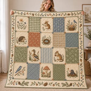 May include: A quilted throw blanket featuring a grid of squares with illustrations of woodland animals including a mouse, hedgehog, duck, chipmunk, and mole, alongside botanical motifs like mushrooms, flowers, and a bird nest, all framed by a floral border.