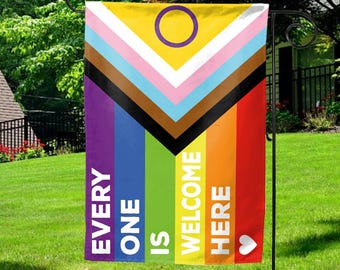 Everyone Is Welcome Here Garden Flag – LGBTQ Pride Flag for Yard, Inclusive Outdoor Decor, Lgbtq+ Flag, Pride Month Flag UNYM12