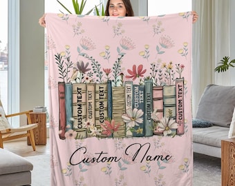 Personalized Floral Book Blanket, Books & Name Library Gift for Book Lover, Favorite Book Blanket, Bookish Reader Birthday Gift Decor KCPU08
