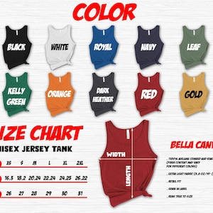 Peut inclure: Tableau des tailles pour un d&eacute;bardeur unisexe. Le tableau indique la largeur et la longueur en pouces pour les tailles XS &agrave; 2XL. Les couleurs disponibles sont noir, blanc, bleu royal, bleu marine, vert feuille, vert kelly, orange, gris fonc&eacute;, rouge et or.