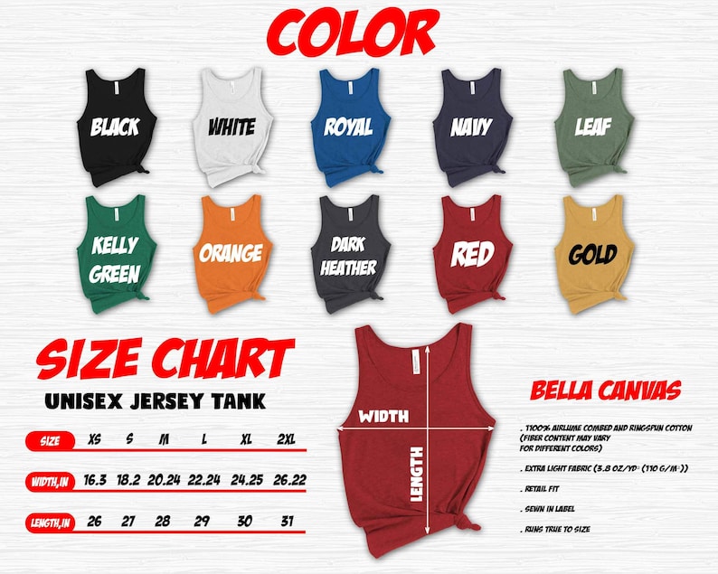 Peut inclure: Tableau des tailles pour un d&eacute;bardeur unisexe. Le tableau indique la largeur et la longueur en pouces pour les tailles XS &agrave; 2XL. Les couleurs disponibles sont noir, blanc, bleu royal, bleu marine, vert feuille, vert kelly, orange, gris fonc&eacute;, rouge et or.