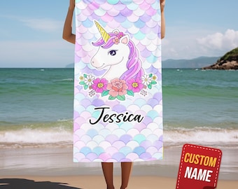 Custom Unicorn Beach Towel, Personalized Unicorn Pool Towel for Girls, Bath Towel Birthday Gift For Kids, Unicorn Inspired Towel SJ4H18