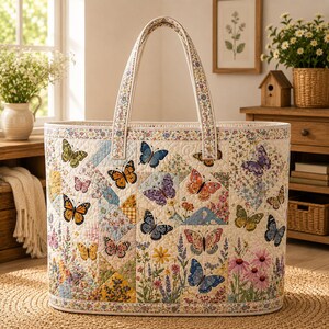 May include: A quilted tote bag featuring a patchwork design with various colorful butterflies and floral patterns. The bag has two matching fabric handles and a rectangular base, constructed with detailed stitching throughout the exterior surface.