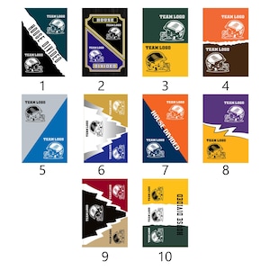May include: A collection of ten rectangular designs featuring football helmets and the text "TEAM LOGO" and "HOUSE DIVIDED". Each design has a unique color scheme, including black, blue, orange, and gold.
