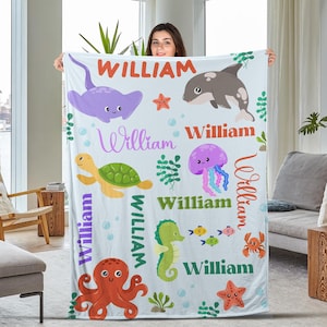 Sea Animals Baby Blanket, Custom Ocean Animals Blanket, Under Sea Minky Blanket, Whales Baby Blanket, Custom Turtle Name Blanket UMZI15
