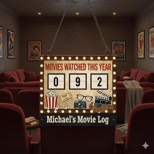 May include: A wooden sign with the text "MOVIES WATCHED THIS YEAR" and the number "092". The sign has a popcorn bucket, movie ticket, glasses, camera, and film reel illustrations. The sign is hanging in a movie theater.
