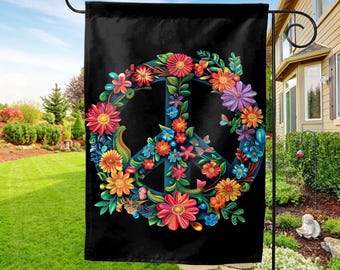 Floral Peace Sign Garden Flag, Peace Flag, Peace Garden Flag, Floral Spring Garden Flag, Hippie Floral Spring Decor,Floral Peace Sign UMX425