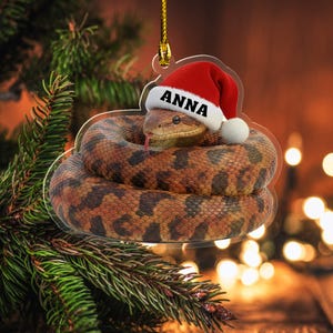 May include: A Christmas ornament featuring a coiled snake with a red Santa hat. The hat has the name "ANNA" printed on it. The snake has a brown and tan pattern. The ornament is hanging from a gold string.