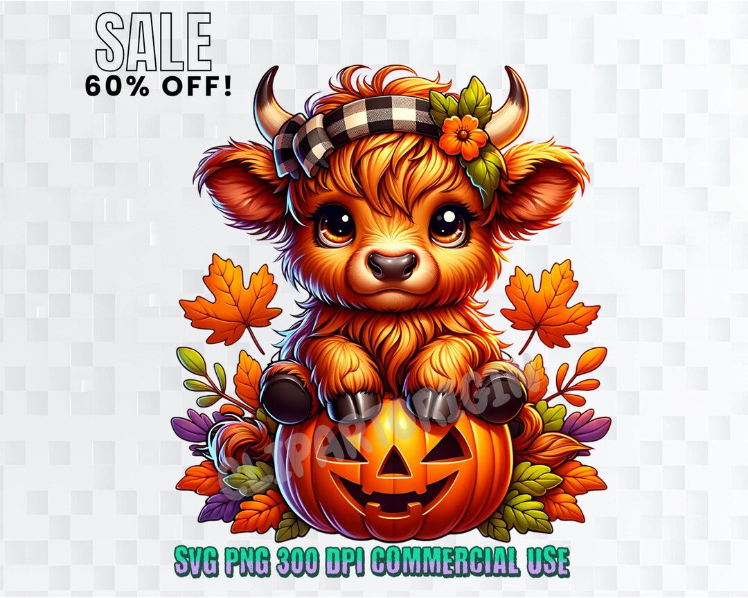 Adorable Highland Cow Fall Pumpkin | Cute Halloween Digital Art | PNG ...