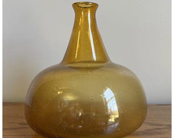 Vintage Hand Blown Amber Glass Decanter Bottle-Mid Century Modern Bubbles 8"