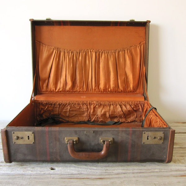 Vintage Hard-Sided Suitcase with Leather Trim