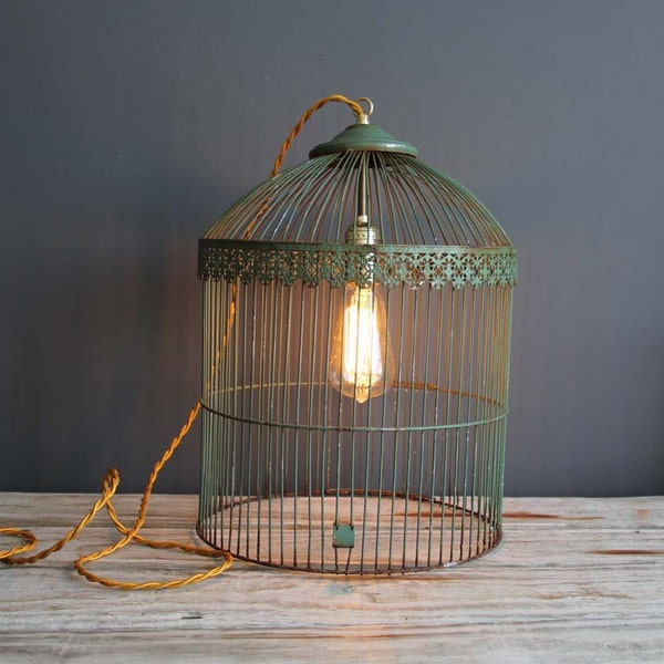 Antique Green Metal Birdcage Hanging Light with Fabric Cord