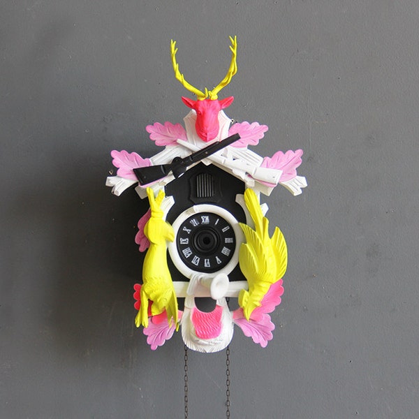 Neon Pink, Yellow & Black Cuckoo Clock. Working Condition.