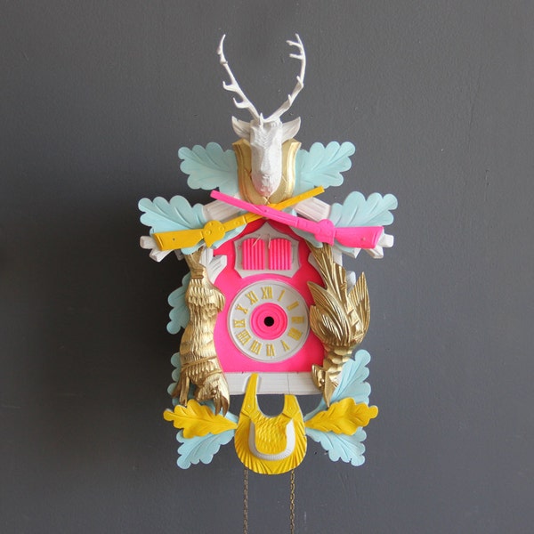 Neon Pink & Gold Cuckoo Clock. Working Condition