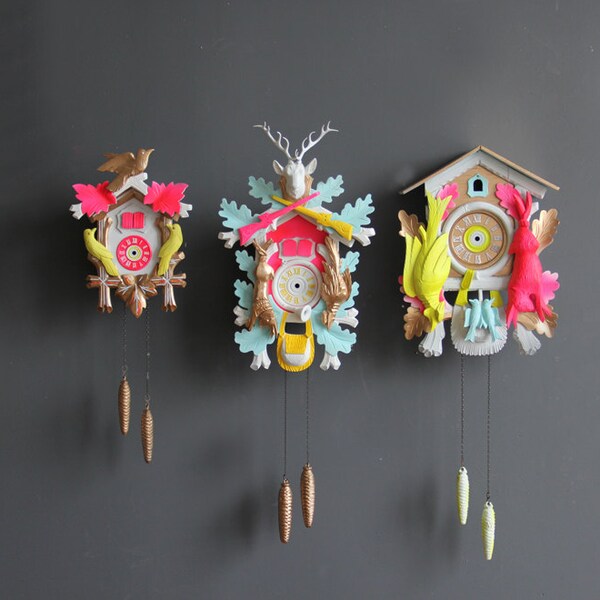 Large Neon Pink & Green Cuckoo Clock. Working Condition