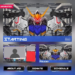 Puede incluir: Superposición de transmisión animada con un diseño de robot en blanco, azul y amarillo. La superposición incluye secciones para el estado de la transmisión, el chat y la información del usuario, con el texto "STARTING", "PAUSED", "ABOUT ME", "DONATE" y "SCHEDULE".