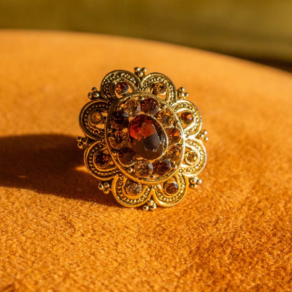 Statement Art Deco Style Ornamental Amber Color Jewel Gold Ring