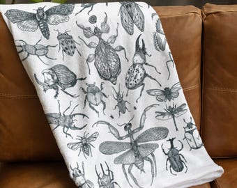 Vintage Entomology Insect Illustration Velveteen Plush Blanket | Beetles Moths Bugs Pattern