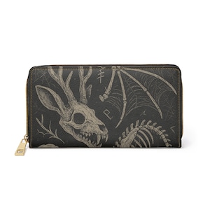 Cartera gótica con cremallera y diseño de esqueleto, accesorios espeluznantes, regalo de Halloween, almacenamiento único, estilo alternativo, moda vanguardista. imagen 2