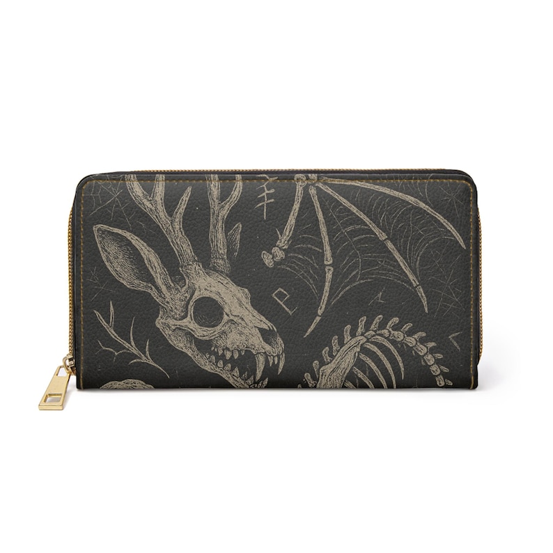 Cartera gótica con cremallera y diseño de esqueleto, accesorios espeluznantes, regalo de Halloween, almacenamiento único, estilo alternativo, moda vanguardista. imagen 2