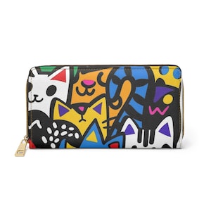 Carteira com zíper de gato colorido, bolsa divertida com estampa de gato, presente para amantes de animais, acessórios fofos para gatos, carteira para uso diário