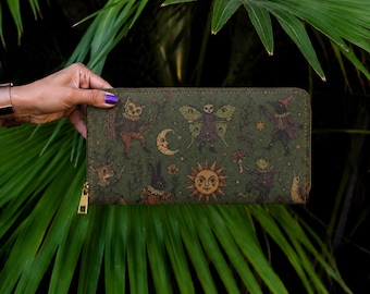 Cartera con cremallera de estilo vintage con motivos ocultistas del sol, la luna y criaturas / Ilustración de tarot de bruja