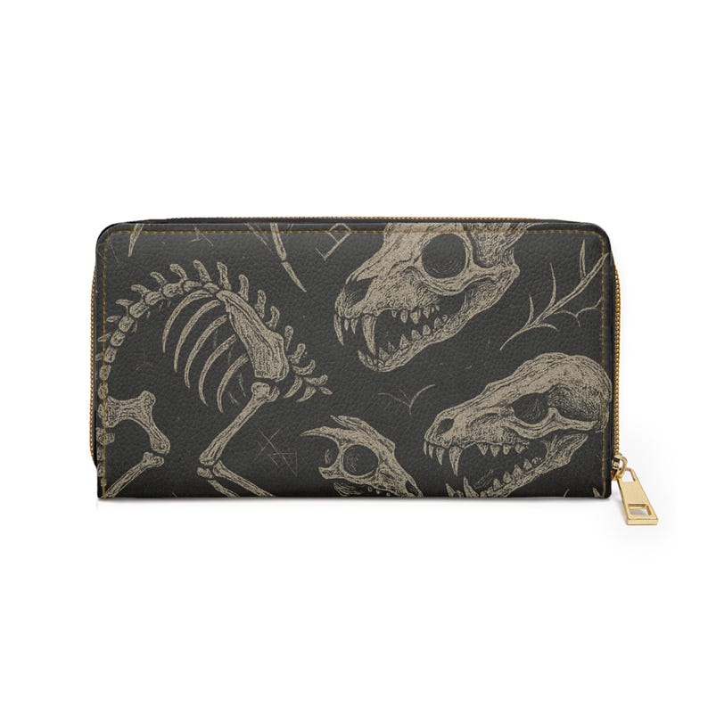 Cartera gótica con cremallera y diseño de esqueleto, accesorios espeluznantes, regalo de Halloween, almacenamiento único, estilo alternativo, moda vanguardista. imagen 3