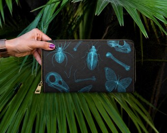 Cartera gótica con cremallera y efecto rayos X: regalo único para un ambiente espeluznante, accesorio de Halloween, perfecta para coleccionistas y amantes de la moda alternativa.