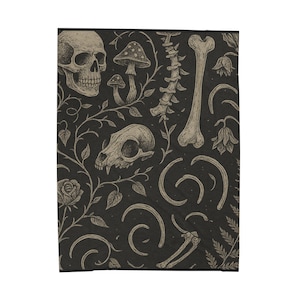 Gothic Velveteen Plush Blanket with Skull and Floral Design, Cozy Home Décor, Perfect for Halloween, Housewarming Gift, Soft Throw Blanket