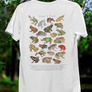 Könnte beinhalten: Ein weißes T-Shirt mit einem Rückendruck mit dem Titel Frogs & Toads. Die Grafik zeigt dreiundzwanzig nummerierte Illustrationen verschiedener Frosch- und Krötenarten in diversen Farben, ergänzt durch eine entsprechende Namensliste.