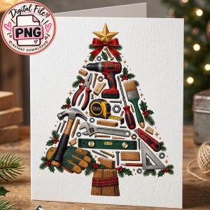 Può includere: Un biglietto d'auguri con l'illustrazione di un albero di Natale composto da vari attrezzi tra cui trapano, martello, metro a nastro, chiave inglese, livella, pinze, pennello e taglierino, sormontato da una stella dorata e un fiocco rosso.