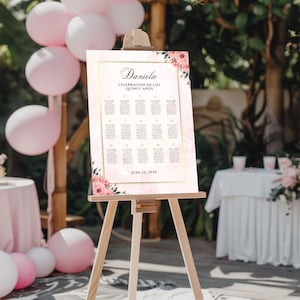 Plano de asientos editable para quinceañera (plantilla de Canva) (borde floral, fondo de acuarela) (diseño digital y apto para impresión)