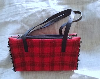 Falor Le Borse _ Red Plaid Fabric Woven Handbag with  Black Leather  Straps