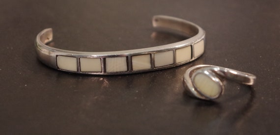 Fossilized Native Inlay Bracelet _ signed "dp" an… - image 4