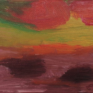 May include: Abstract painting with a landscape theme. The painting features a red, orange, and yellow sky with a green field in the foreground. The bottom of the painting is a dark purple with a brown area in the centre.
