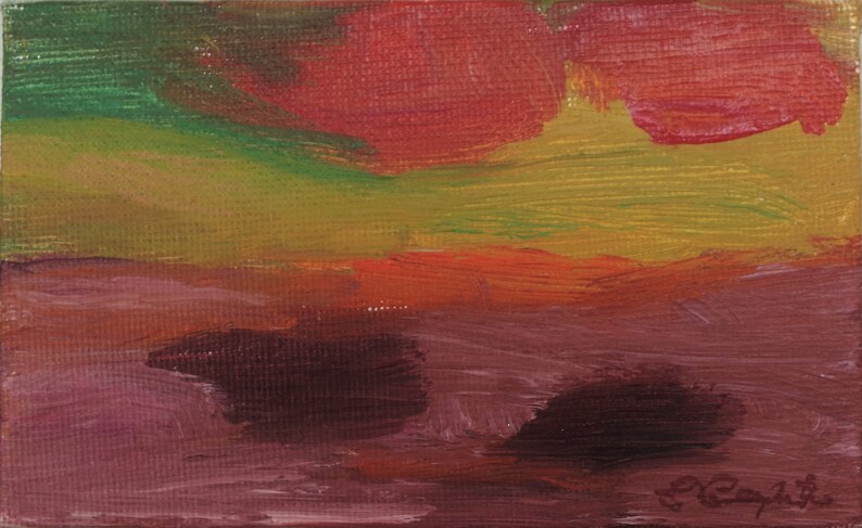 May include: Abstract painting with a landscape theme. The painting features a red, orange, and yellow sky with a green field in the foreground. The bottom of the painting is a dark purple with a brown area in the centre.