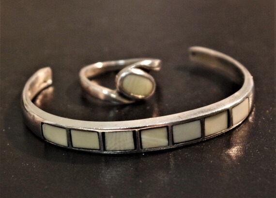 Fossilized Native Inlay Bracelet _ signed "dp" an… - image 1