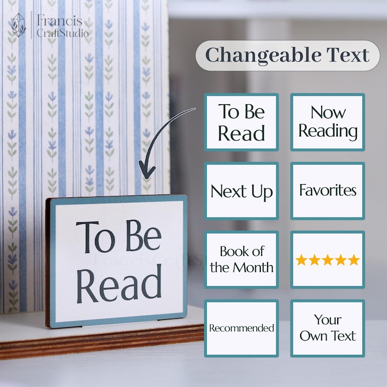 May include: A wooden sign with the text "To Be Read" in a black font, framed with a light blue border. The sign is displayed in front of a book with a blue and white floral pattern. Additional text options include "Now Reading" and "Favorites".