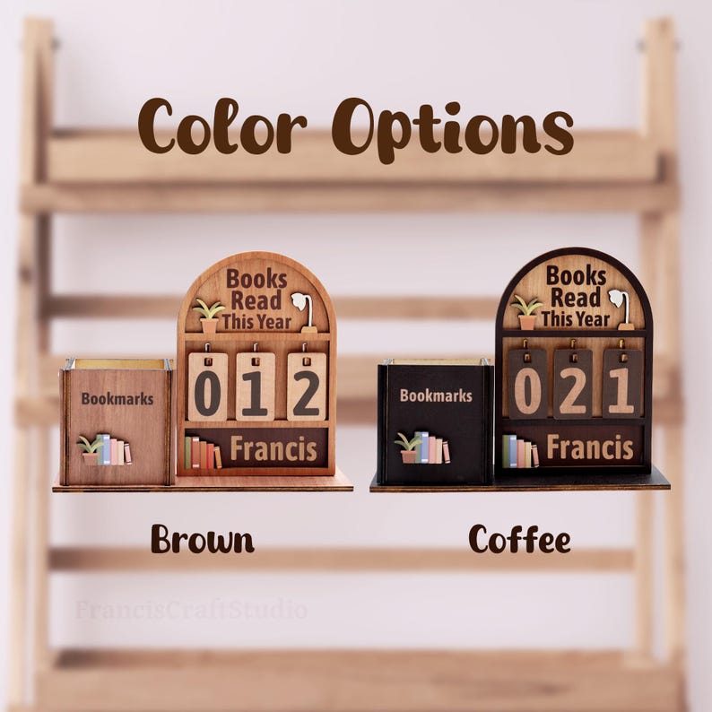 May include: Wooden desk organizers in brown and coffee colors. Each features a "Books Read This Year" counter, a "Bookmarks" holder, and a nameplate. The brown organizer shows "012" books read, while the coffee one shows "021".