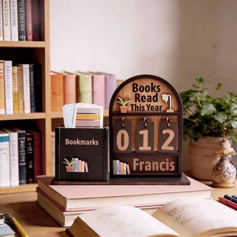 May include: A wooden desk organizer with a bookmark holder and a "Books Read This Year" counter. The counter displays "012" and the name "Francis". The organizer is brown with a bookshelf background.