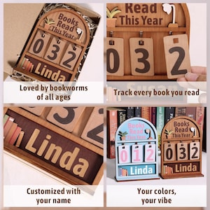 Puede incluir: Un rastreador de libros de madera con el texto "Books Read This Year" y el nombre "Linda". El rastreador muestra el n&uacute;mero "032". El dise&ntilde;o incluye una peque&ntilde;a estanter&iacute;a y una planta. Tambi&eacute;n est&aacute; presente el texto "Loved by bookworms of all ages".