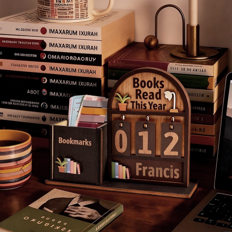 May include: A wooden desk organizer with a "Books Read This Year" counter, displaying "012" and the name "Francis." It includes a bookmark holder and is surrounded by books and a mug.