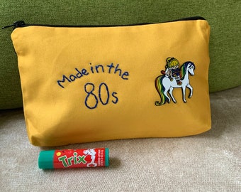 Nostalgic make up bag, cosmetic bag funny,  nostalgic bag, kid at heart, 80's bag, watterproof bag, rainbow bright bag, hand stiched bag
