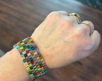 Cuff beaded bracelet, stretch bracelet, wider cuff, Custom colors available, stretch multicolored bracelet, handmade beaded cuff,
