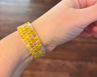 Cuff beaded bracelet, stretch bracelet, yellow and pastel bracelet, Custom colors available, bead bracelet, gift, handmade beaded cuff