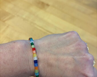 Colorful glass beaded bracelet, stretchy bracelet, stocking stuffer, hostess gift, stackable jewelry, rainbow colors