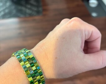 Cuff beaded bracelet, stretch bracelet, greens, Custom colors available bracelet, stretch bead bracelet, gift, handmade beaded cuff